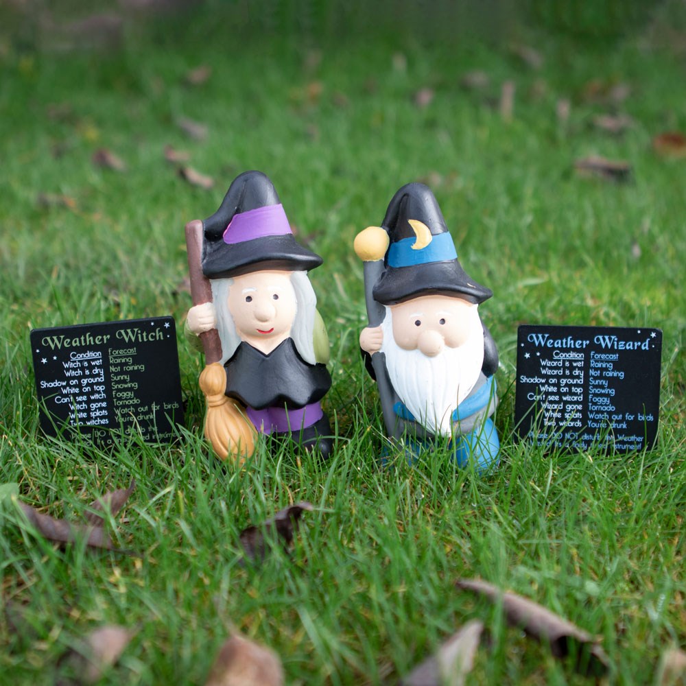 This unique version of the classic Weather Forecasting Gnome is sure to be a highlight of any outdoor space.  These little witch and wizard sets make adorable accents to the garden and include humorous mini signs so you're never left caught in the cold.  An included set of humorous miniatures signs ensures you'll never be unprepared for the elements.