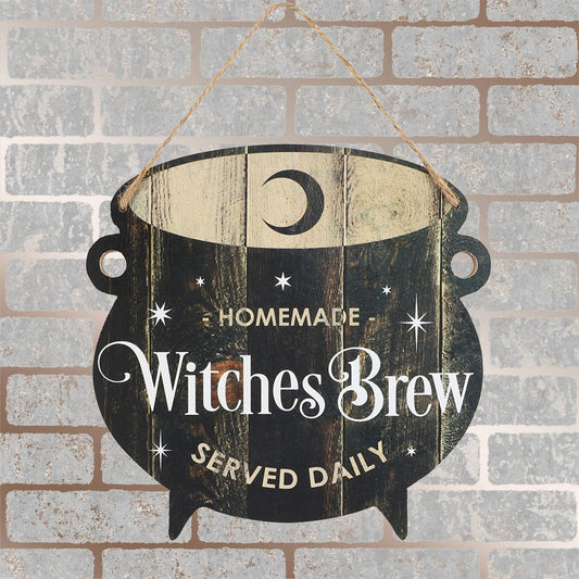 Every Witch who loves to cook should have this sign in their kitchen! This 'Witches Brew' hanging cauldron-shaped sign makes a great Samhain/Halloween decoration or perhaps an everyday accessory for a kitchen or outside BBQ (do not leave out in the rain though!) area where the cook has a great sense of humour!   Dimensions: H: 35cm x W: 25cm x D: 1cm