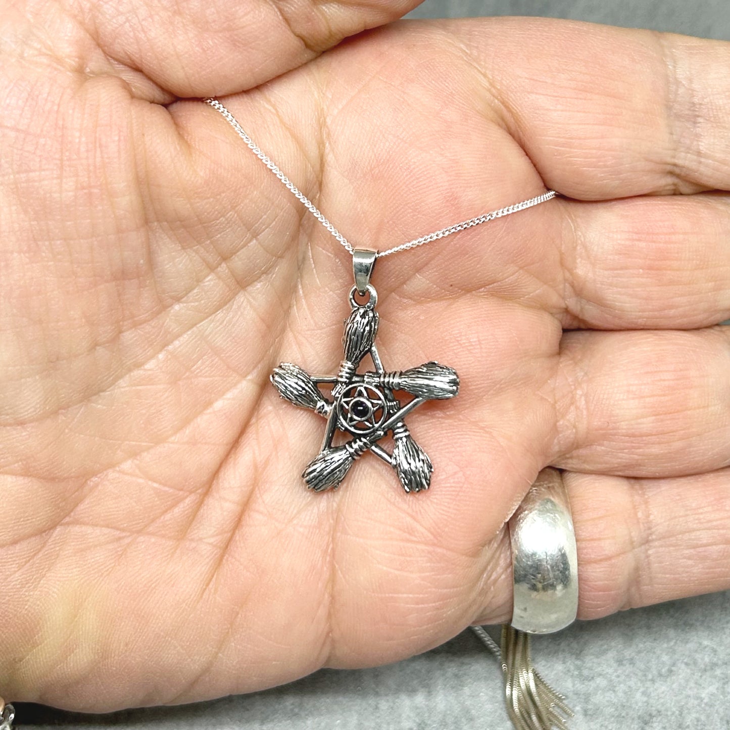 Sterling Silver Witches' Besom Broomstick Amethyst Pentagram Necklace