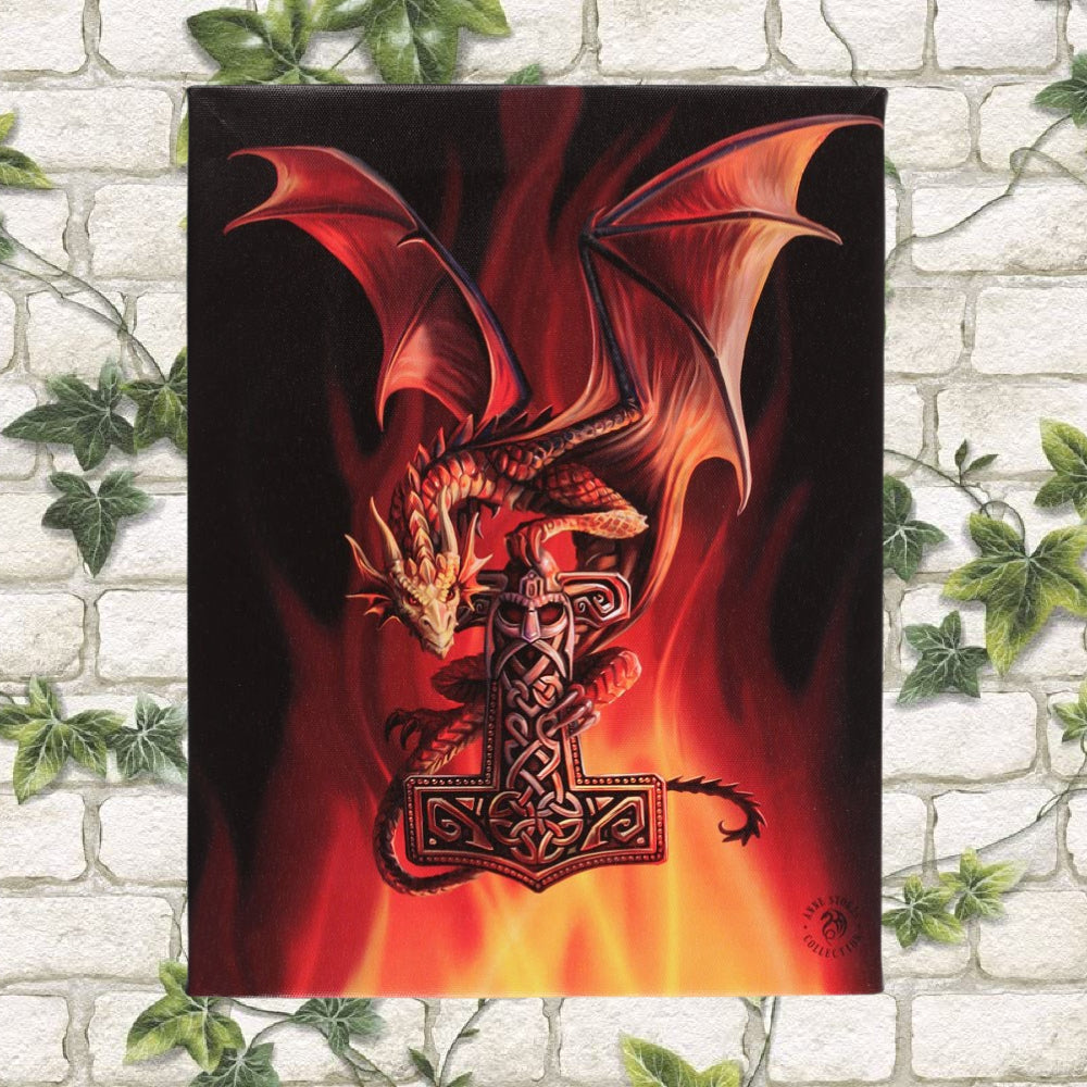 25cm x 19cm lightweight canvas wall plaque featuring a high quality, full colour print of the Mjolnir dragon artwork by fantasy artist Anne Stokes.